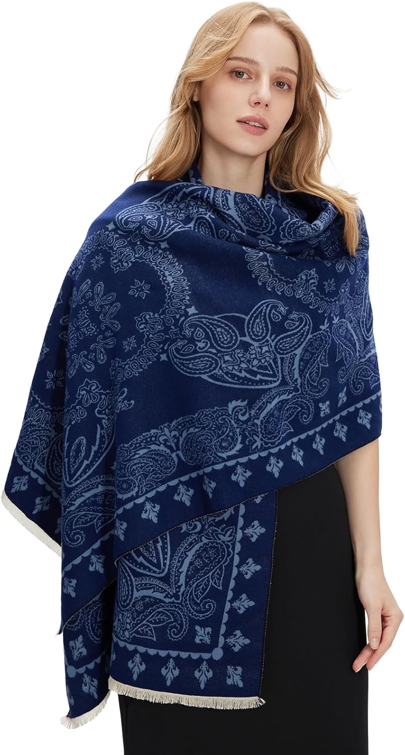 zero season Pashmina Shawl Wrap for Women Printed Scarf for Evening Dress, Wedding, Bridesmaid Gift, Formal Event, Blanket Poncho Cape Paisley Navy Blue Pattern