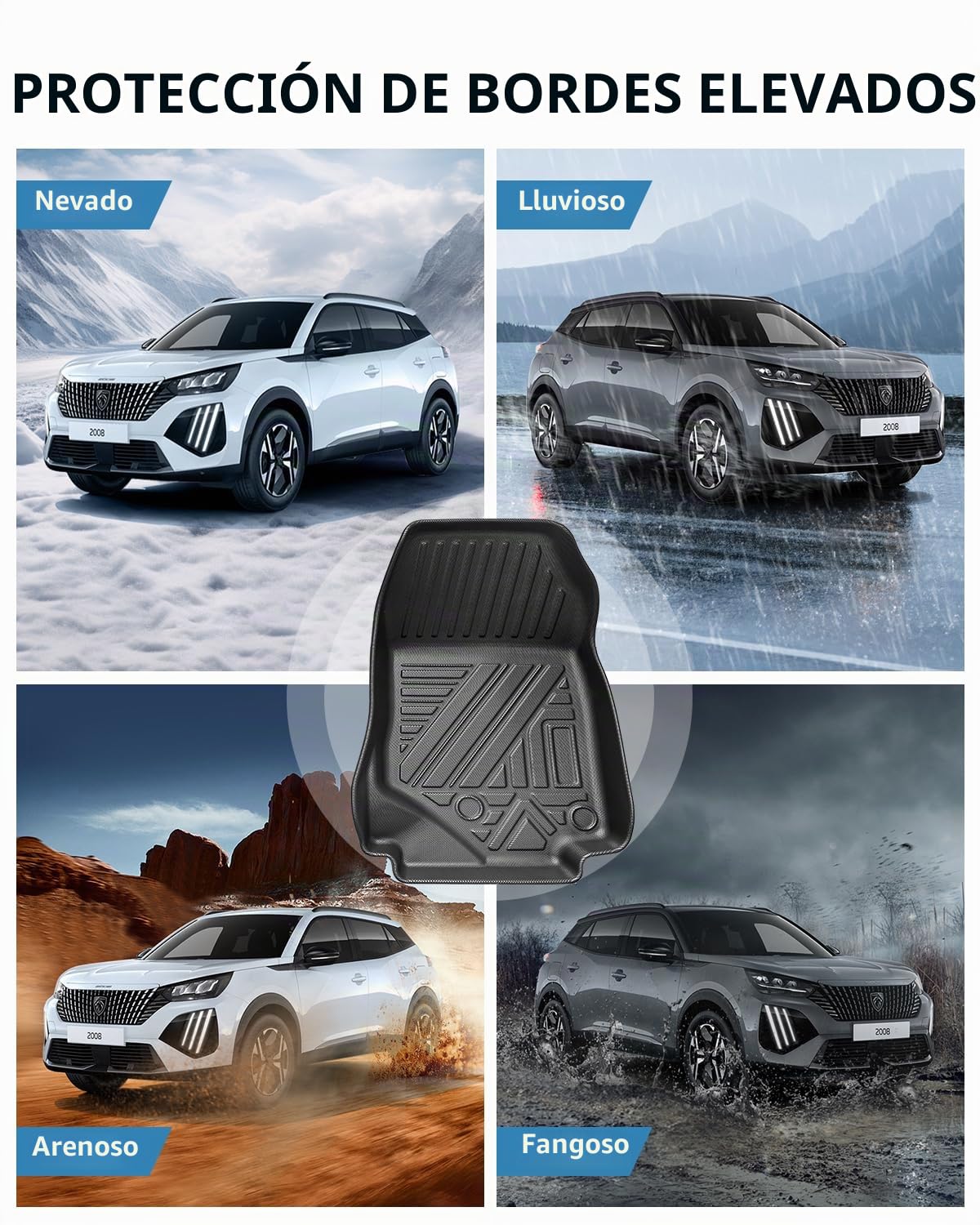 (3 Piezas) TPE Alfombrillas para Peugeot 2008 II 2020-2025 2026 | Alfombras Originales, Tapetes con Bordes Elevados, Accesorios Antideslizantes e Impermeables, NO para E-2008