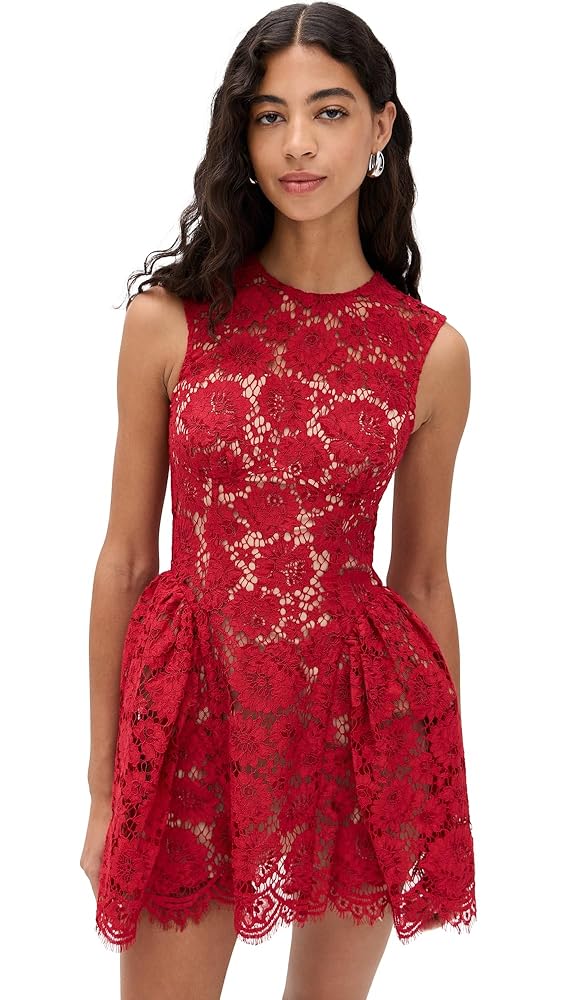 Self Portrait Women's Red Fine Lace Pearl Mini Dress, Red, 8 Self Portrait Women's Red Fine Lace Pearl Mini Dress, Red, 8
