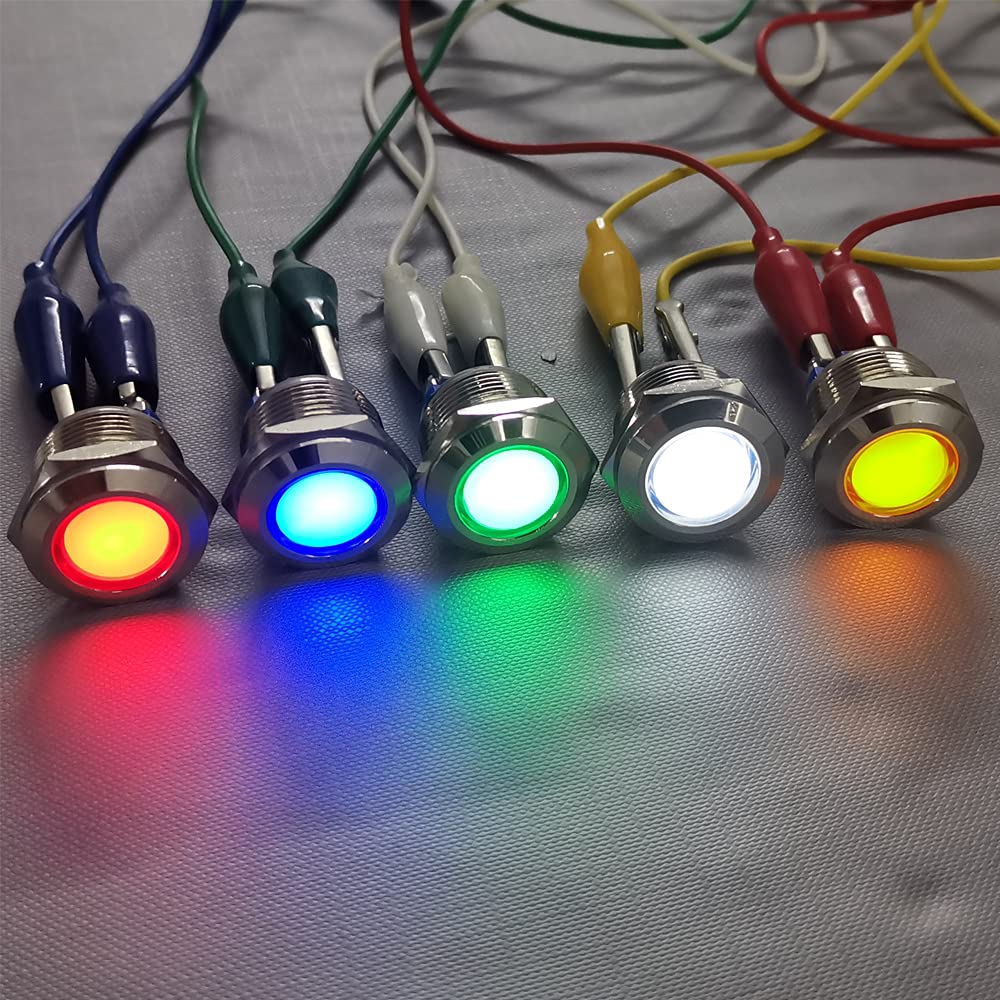 GUUZI 5-stuks LED-metaal Indicatorlampjes - 12V-24V Waterdicht Signaal Lamp Met Draad - Rood, Groen, Blauw, Geel & Wit - 19mm Montagegat