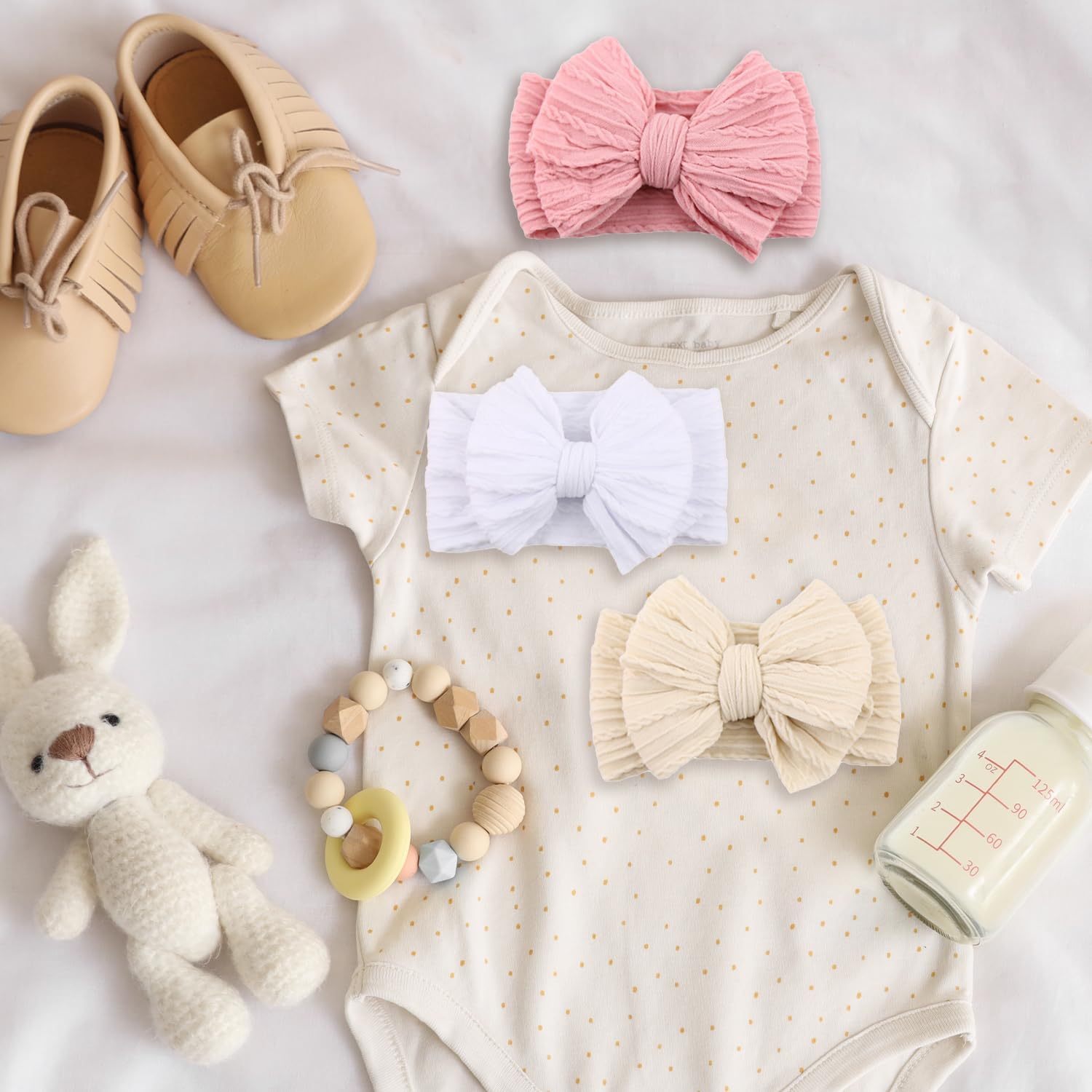 3 Pcs Baby Headband, Soft Baby Bows Headbands for Girls Newborn Hair Accessories (Dark Pink, White, Beige) - Image 4
