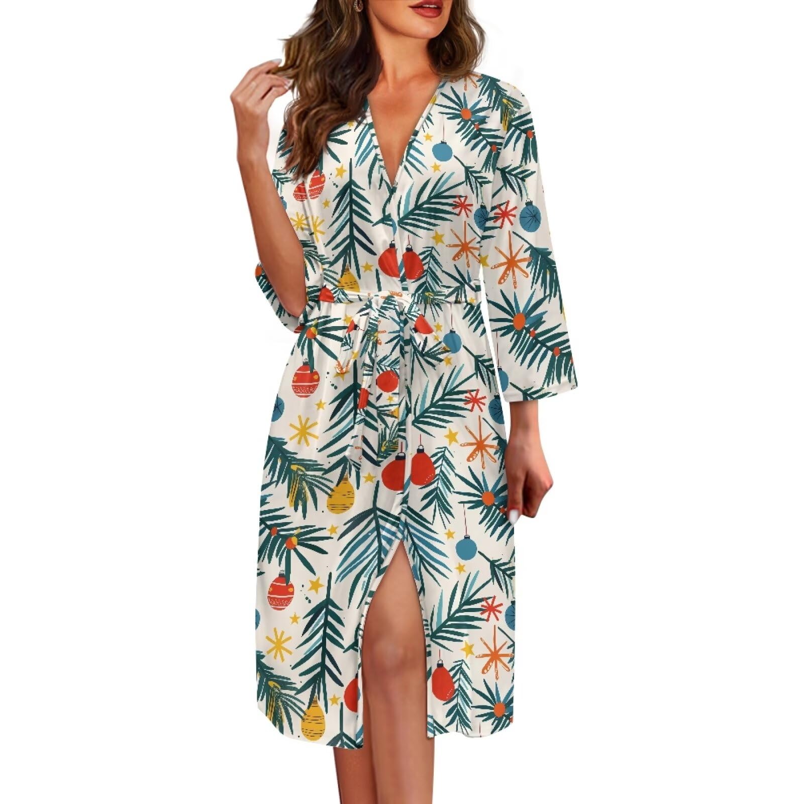 Biyejit Camisón de manga larga con cuello en V para mujer, diseño de hojas tropicales, talla S-2XL, Hojas tropicales, M