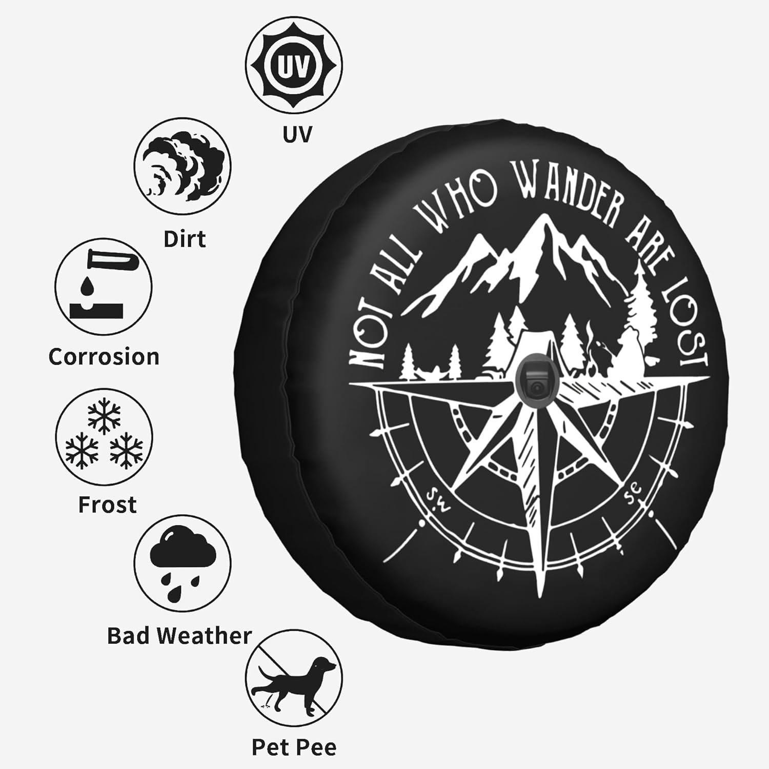Not All Who Wander are Lost Spare Tire Cover with Back-up Camera Hole Leather Wheel Cover Tire Protector for Wrangler JL