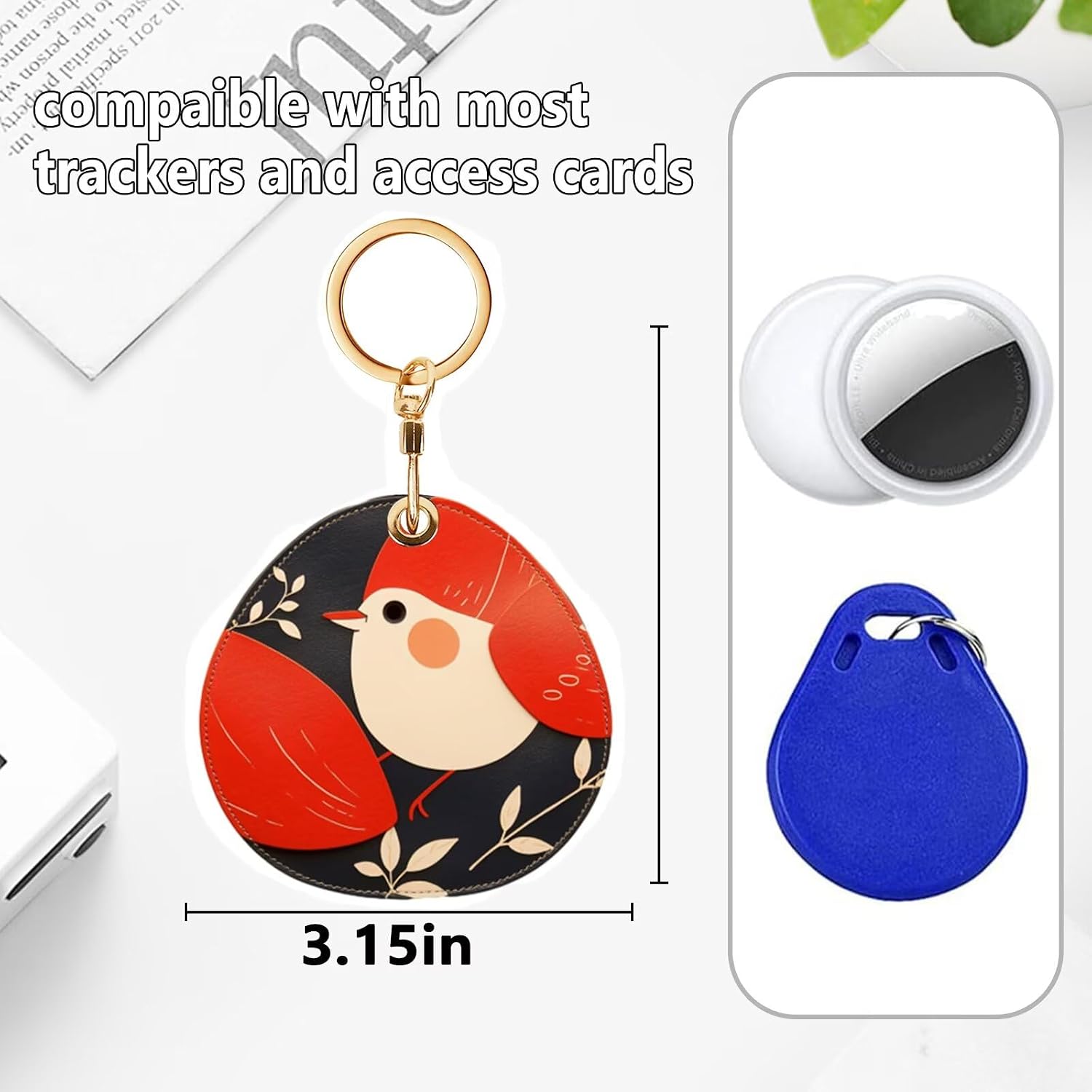 Cute Bird Leather Keychain Holder for GPS Tracker,Protective Case with Key Ring,Suitable for Luggage,Pet Collar,Backpack,Anti-Lost Design image 2