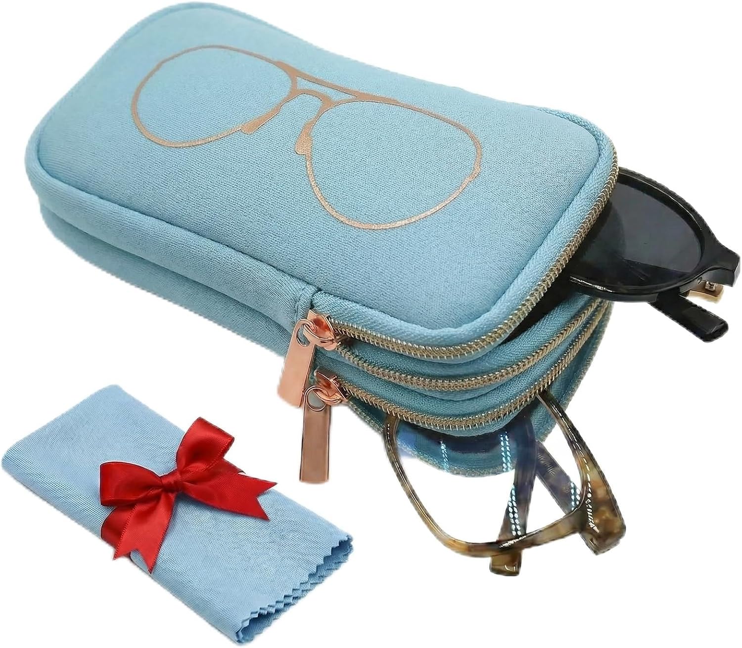 Double Glasses Case Neoprene Pouch Soft Eyeglass Sunglasses Cases With Cleaning Cloth