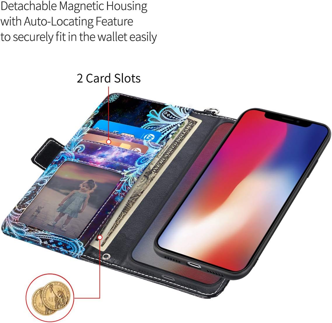 Casetego for iPhone 11 Pro Max Case,Detachable Magnetic Wallet Case PU Leather Full Body Protective Case with Credit Card Holders, Wrist Strap for Apple iPhone 11 Pro Max 6.5 inch,Blue Mandala