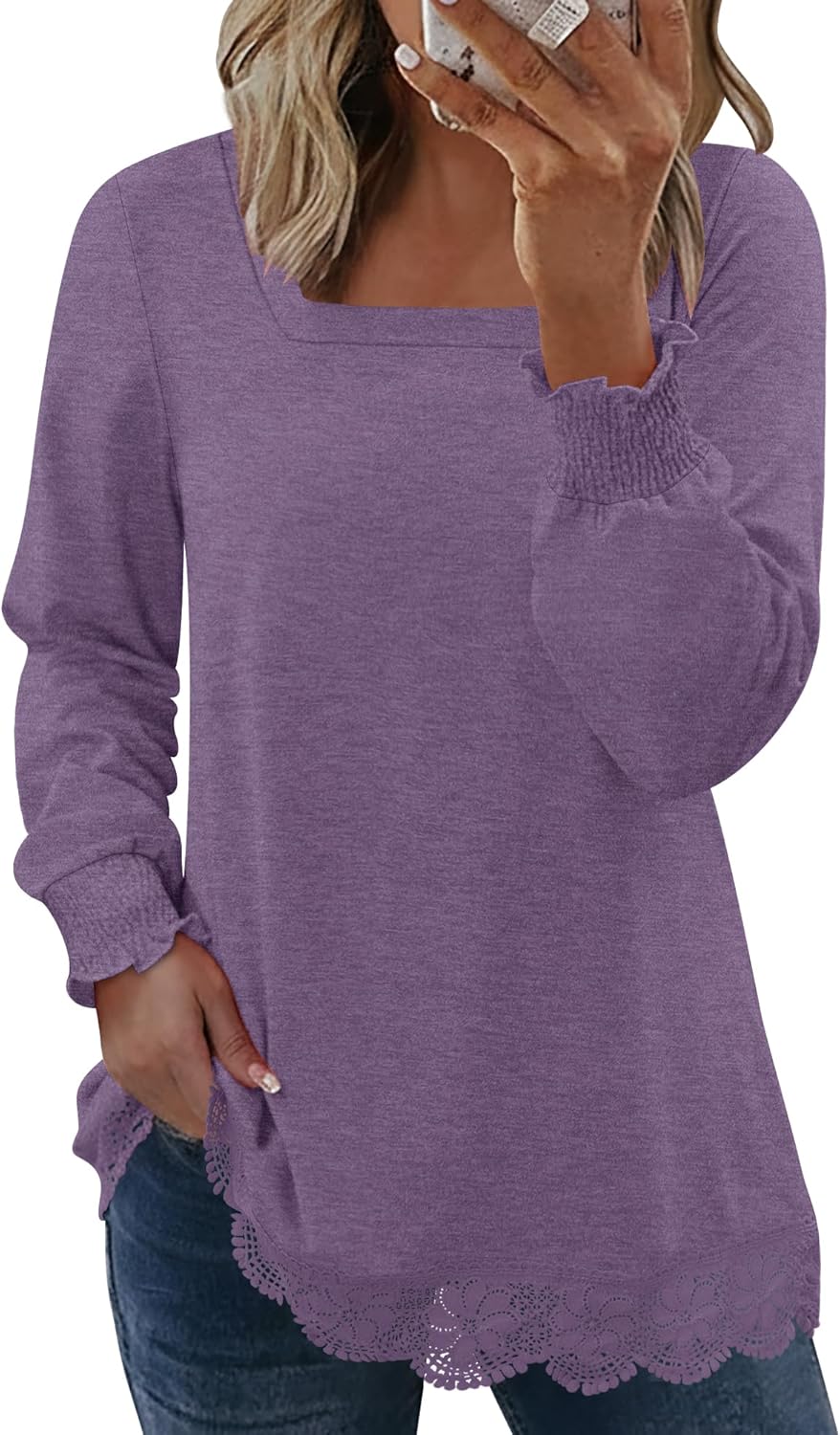 CRAZY GRID Women Casual Long Sleeve Loose Fit Lace Hem Knit Pullover T-Shirt Fall Fashion Blouse for Leggings - Image 4