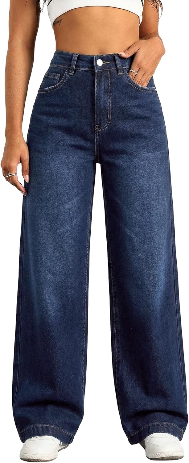 EMMIOL Women's Wide Leg Baggy Jeans Low Rise Stretchy Denim Pants Elastic Back Patchwork 90s Boyfriend Casual Jeans