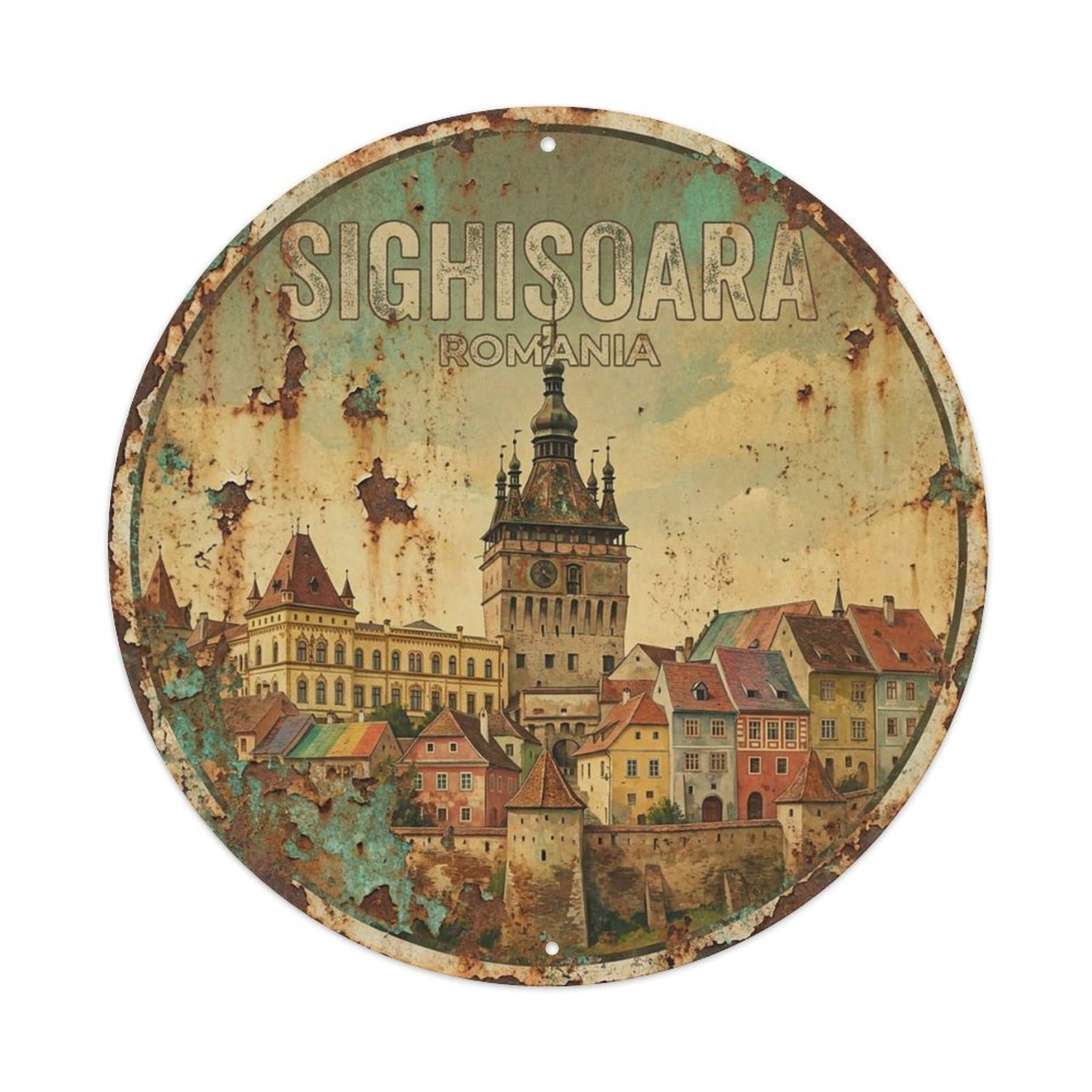 Este 8X8inch Style Vintage Travel Romania Sighisoara Metal Tin Sign