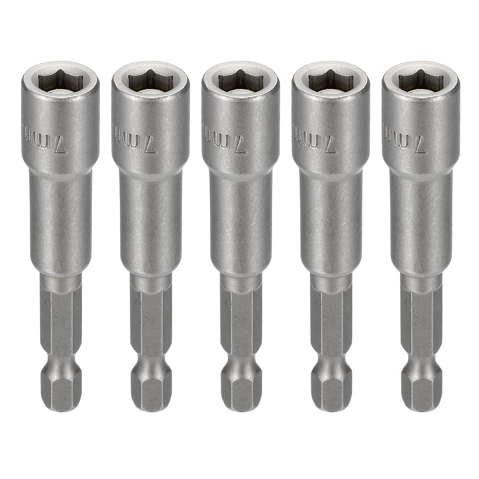 sourcing map 5pcs Nut Driver Drill Bit 7mm Metric Socket 1/4" Hex Shank 2.56" (65mm) Magnetic 6-Point Sockets Quick Change Cr-V Steel Bolt Setters for Power Drill Drivers, Gray