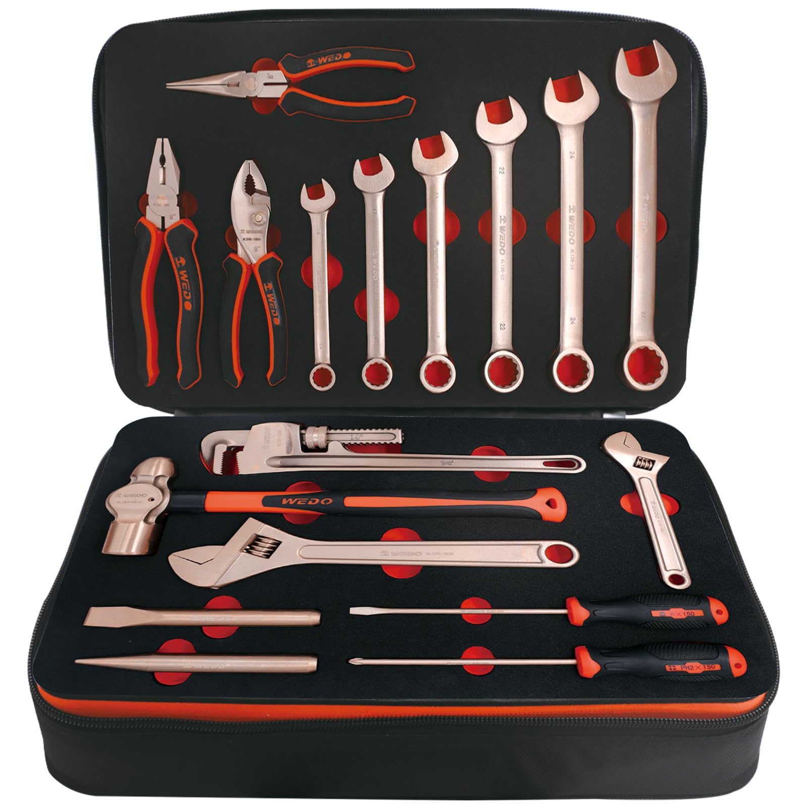 WEDO Set di strumenti anti-scintillio 17 pezzi, kit di strumenti di sicurezza senza scintille con martelli, cacciaviti, chiavi, martelli nella cassetta degli attrezzi, non magnetico, rame berillio