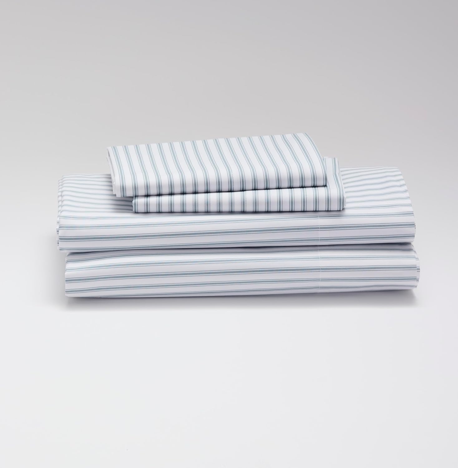 Cuddledown Striped Organic Percale Sheet Set | 100% Organic Cotton | Premium Quality | Soft | Breathable | Oeko-TEX Standard 100 | Deep Pockets | 4 Piece Set | Full Size | Steel Blue Stripe