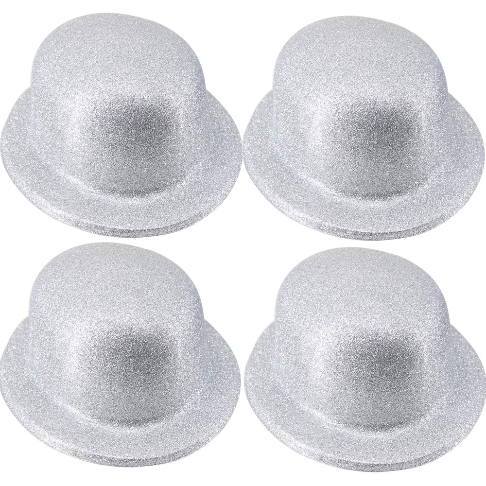 Time to Sparkle 24 Pack of Glitter Bowler Hat Unisex Gangster Style Plastic Party Hats Party Headwear Accessory, Glitter Bowler-Silver