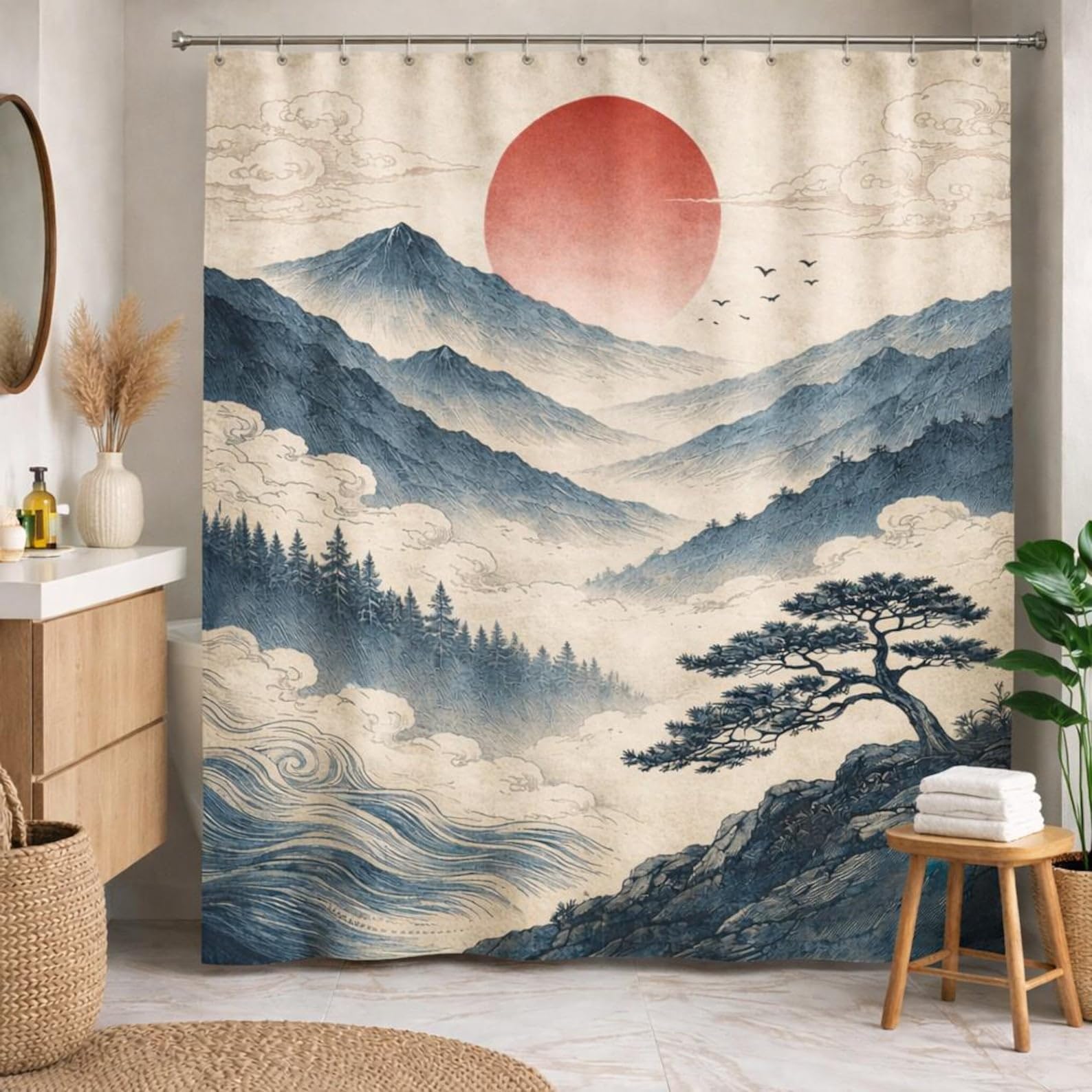 Ukiyo-e japońska zasłona prysznicowa, vintage krajobraz górski zasłona łazienkowa, czerwone słońce dekoracja łazienki, azjatycka sztuka ścienna zen (145 x 230 cm / 57x91in (szer. x wys.)