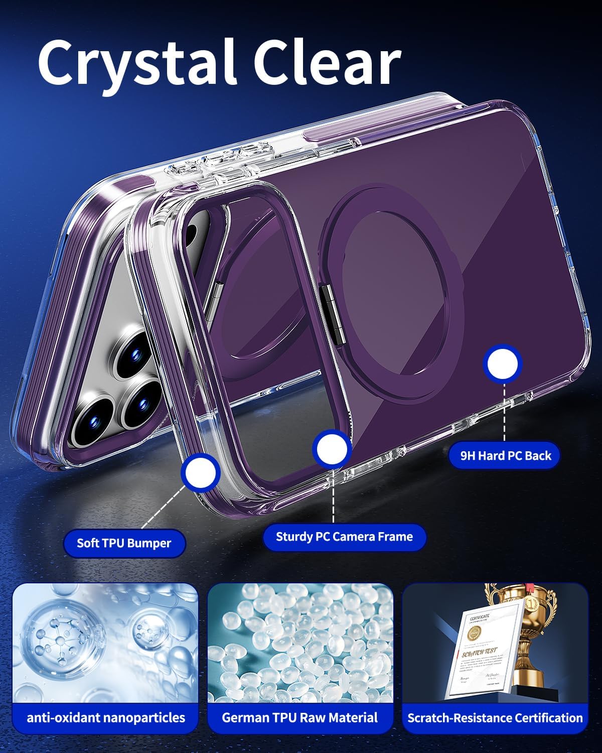 Magnetic for iPhone 17 Pro Case 360° Spin Stand Compatible with MagSafe, Military-Grade Protection,Non-Yellowing, Clear Scratch-Resistant Back Cover for 17 Pro 6.3'', Purple