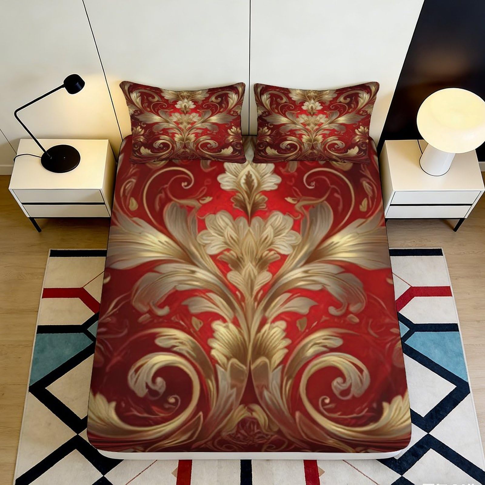 3D Printed Baroque Red Gold Fitted Sheet Microfiber Soft Ornate Floral Mattress Cover Bedroom Decor 90x200x25cm