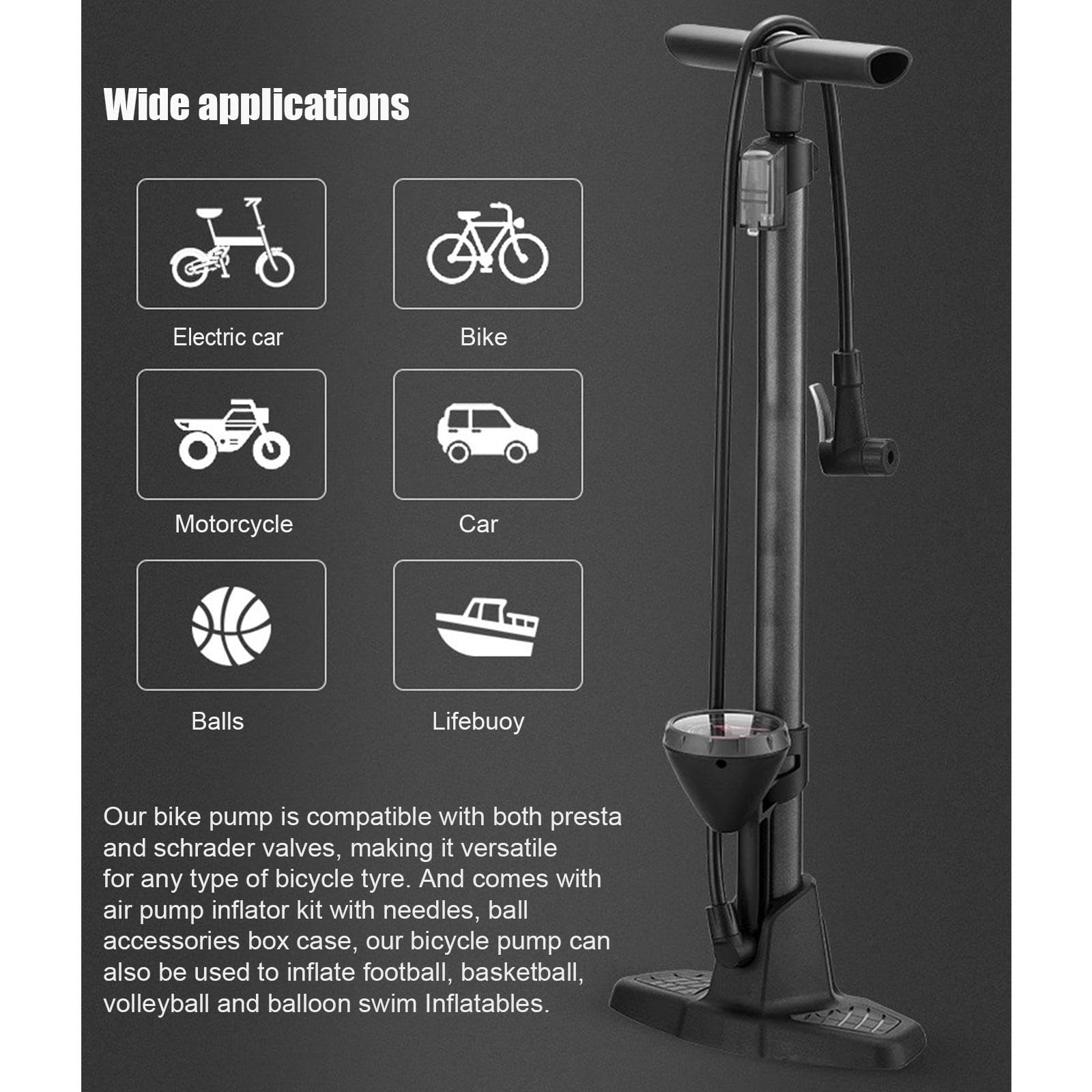 Bomba de Piso para Bicicleta con Manómetro - Se Adapta a Los Tipos de Válvulas Schrader y Presta para Bicicleta de Montaña de Carretera Neumáticos, Pelotas, Globos, Inflables