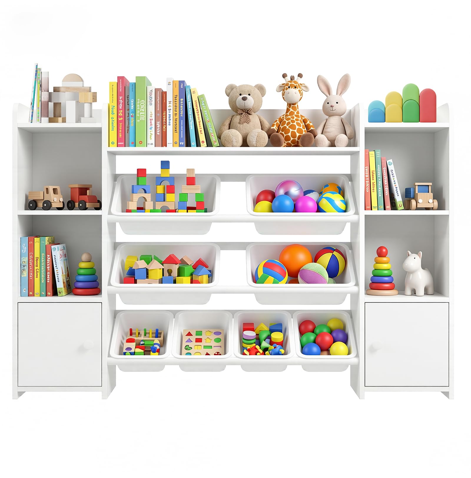 Panana Kids Toy Storage Organizer with 2 Cabinet,8 Removable Boxes,Anti-Tip Design,White Wooden Childrens Bookcase for Playroom,Bedroom,Nursery,Living Room,L139*D29.6*H95cm (2 Cabinets 8 Bins)
