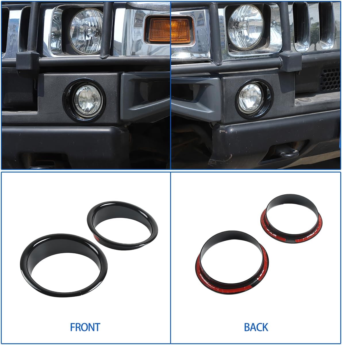 Front Bumper Driving Fog Light Ring Bezels Covers Trim Molding Fit for Hummer H2 2003-2009, ABS Front Fog Light Lamp Decoration Protector Accessories, 2PCS (Bright Black)