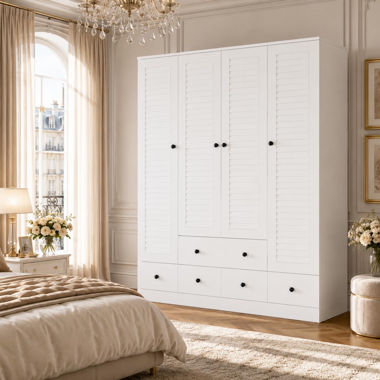Kleiderschrank mit 4 Türen & 5 Schubladen, 150 × 180 cm, Weiß