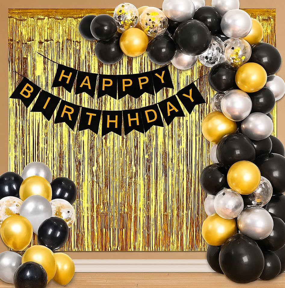 Image of Birthday Decoration Set 54 Pc, Bday Decoration Combo Pack, Birthday Function Party Decoration kit, Black & Golden Balloon, Themed Party for kids