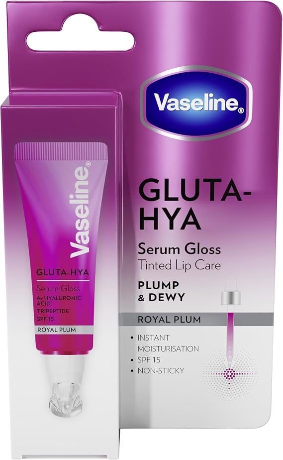 Vaseline Sérum Labial Gluta-Hya Royal Plum 10ml. Con ácido hialurónico, tripéptido, tecnología Glutaglow y SPF15. Color, volumen y protección. Hidratación al instante y acabado gloss no pegajoso. en oferta en Amazon