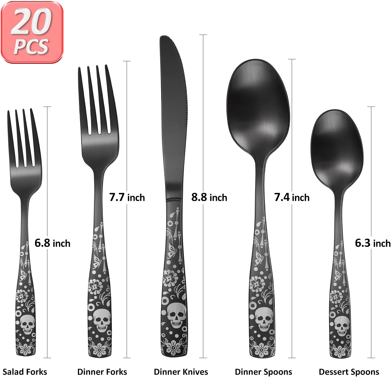 Skull Black Matte Silverware Set for 4, 20-Piece Black Flatware Set, Gothic Skeleton Flower Bat Cutlery Satin Finish Dinnerware for Decoration, Halloween horror, Christmas, Party, Gift, HousewarminG