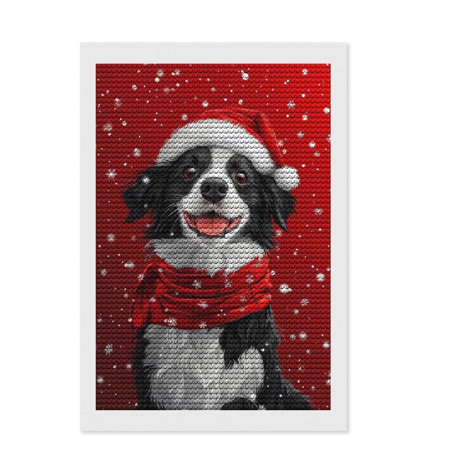 Junmoney Border Collie with Santa Hat Smiling Christmas Dog Print Diamond Art Kit 8"x12", Mindful Craft Activity, Office Decor, for Creative Relaxation, Thoughtful Handmade Gift