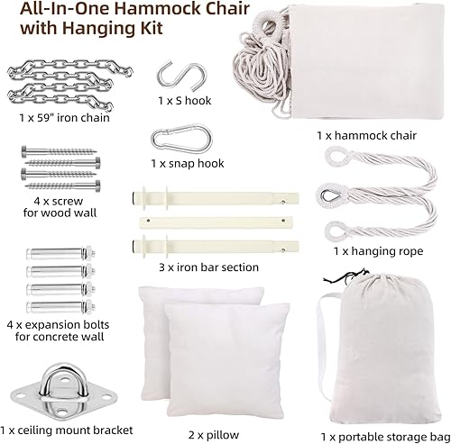 Miniatura 7 de Ohuhu - Silla de columpio con kit de accesorios para colgar, diseño de columpio con 2 cojines de asiento, barra de soporte de metal desmontable y