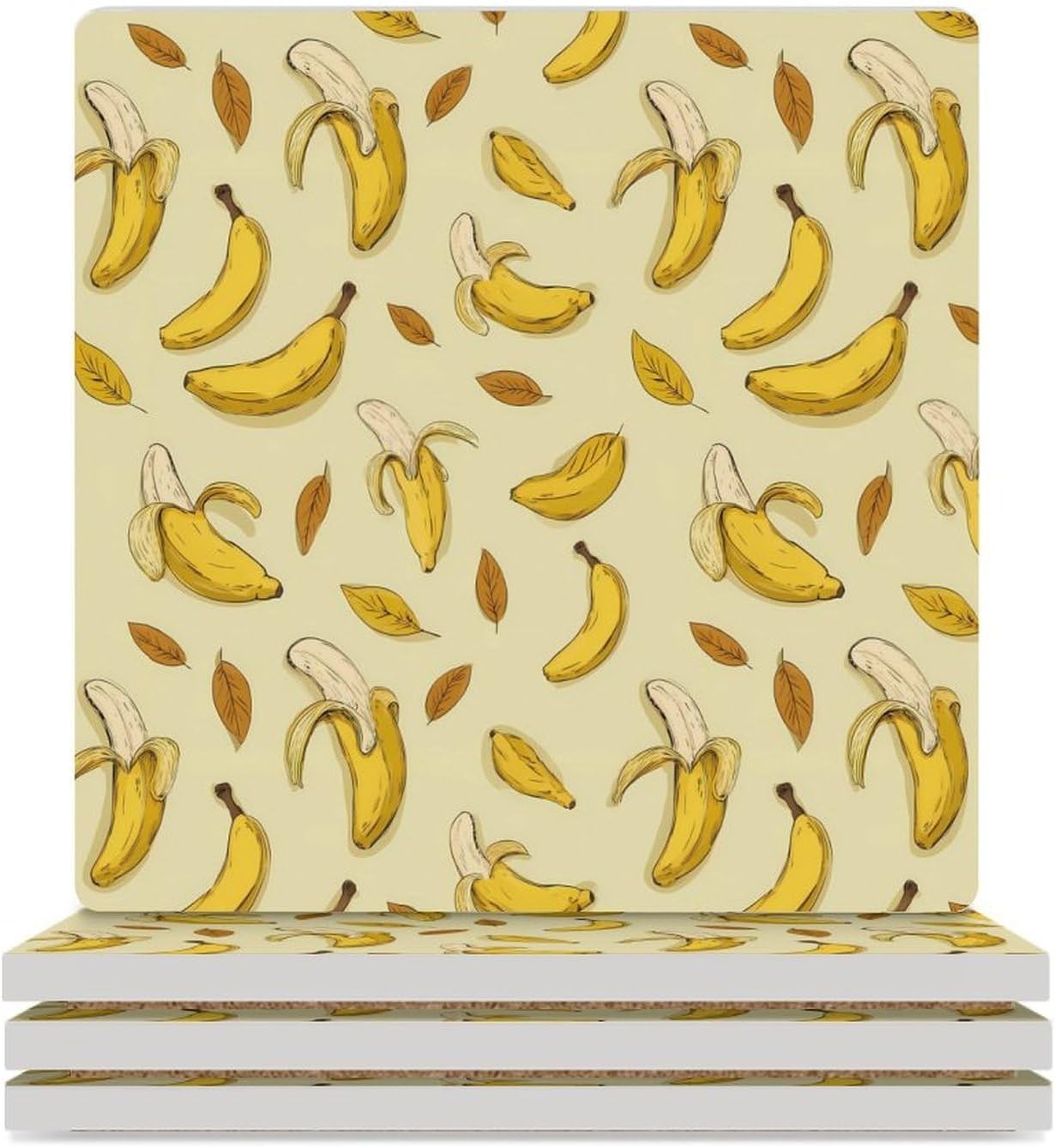 Funny Banana Coaster for Drinks Square Ceramic Table Coasters Stone Mat Crafts 4PCS Home Kitchen Decor