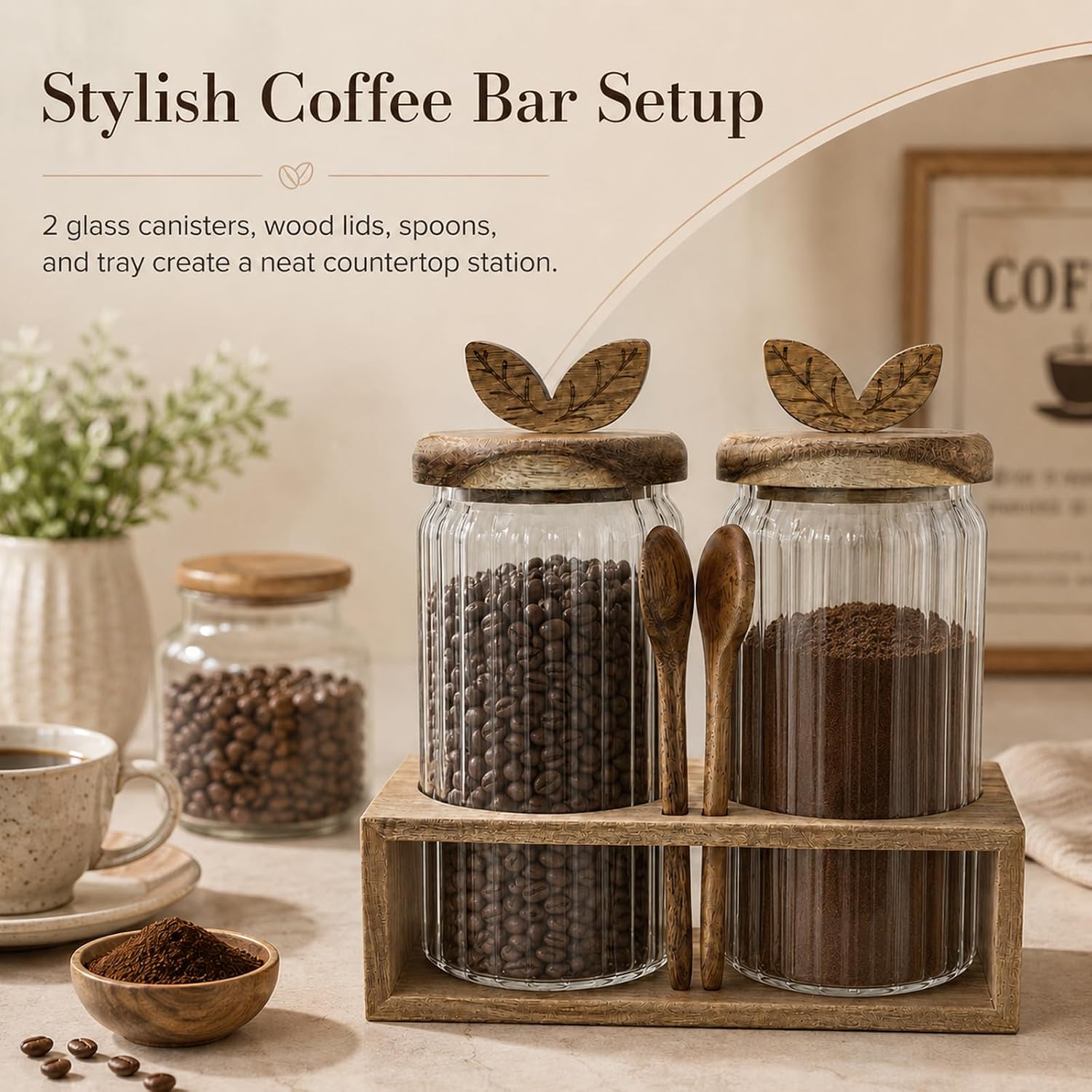 2 Pack Glass Coffee Canister Set, 34 oz Airtight Storage Jars with Acacia Wood Lids, Wood Spoons and Organizer Tray for Coffee Beans Grounds Sugar Tea