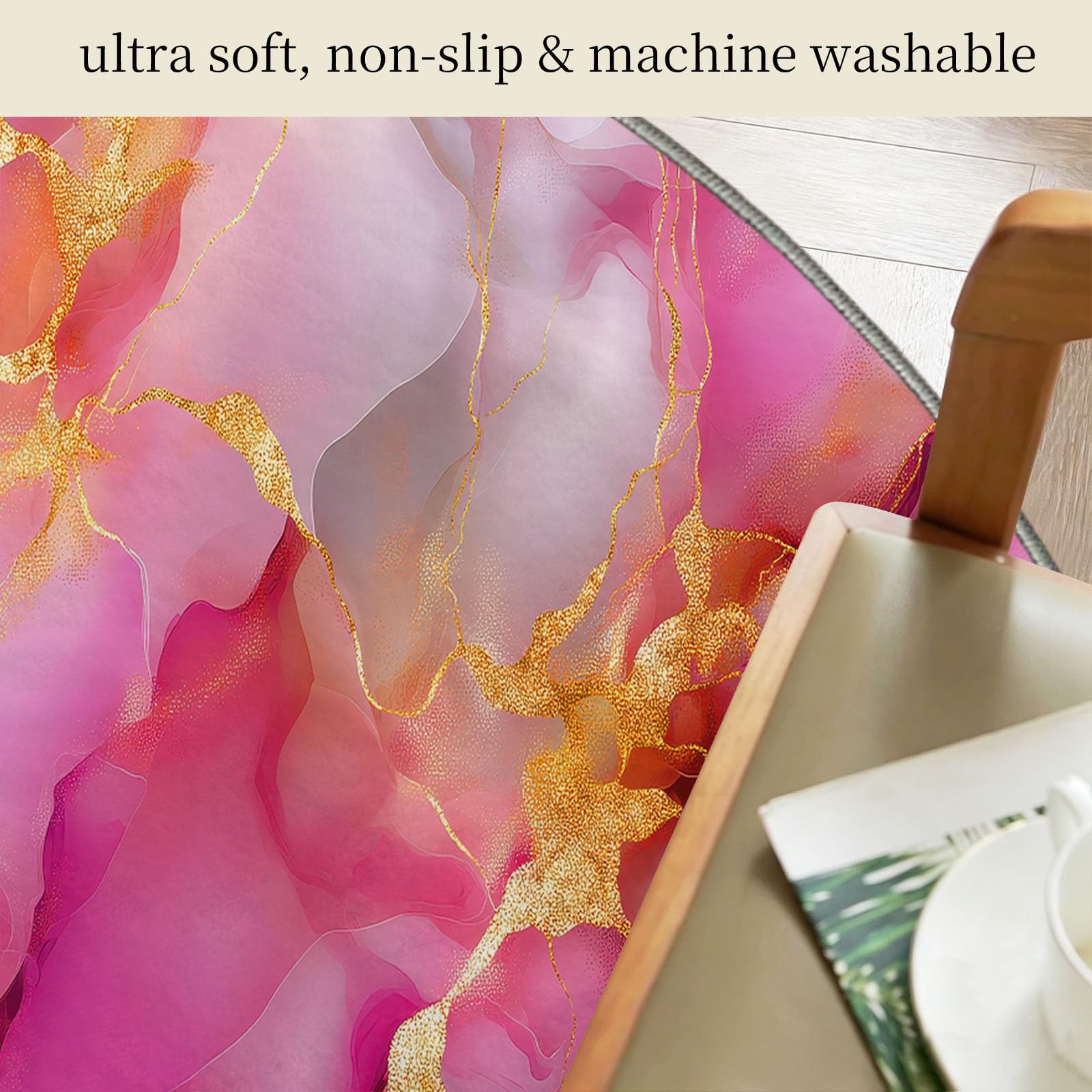 Tappeto rotondo con texture in marmo dorato, 90 cm, morbido, lavabile in lavatrice, per interni, antiscivolo, a pelo basso, per soggiorno, cucina, camera da letto, sala da pranzo, decorazione viola