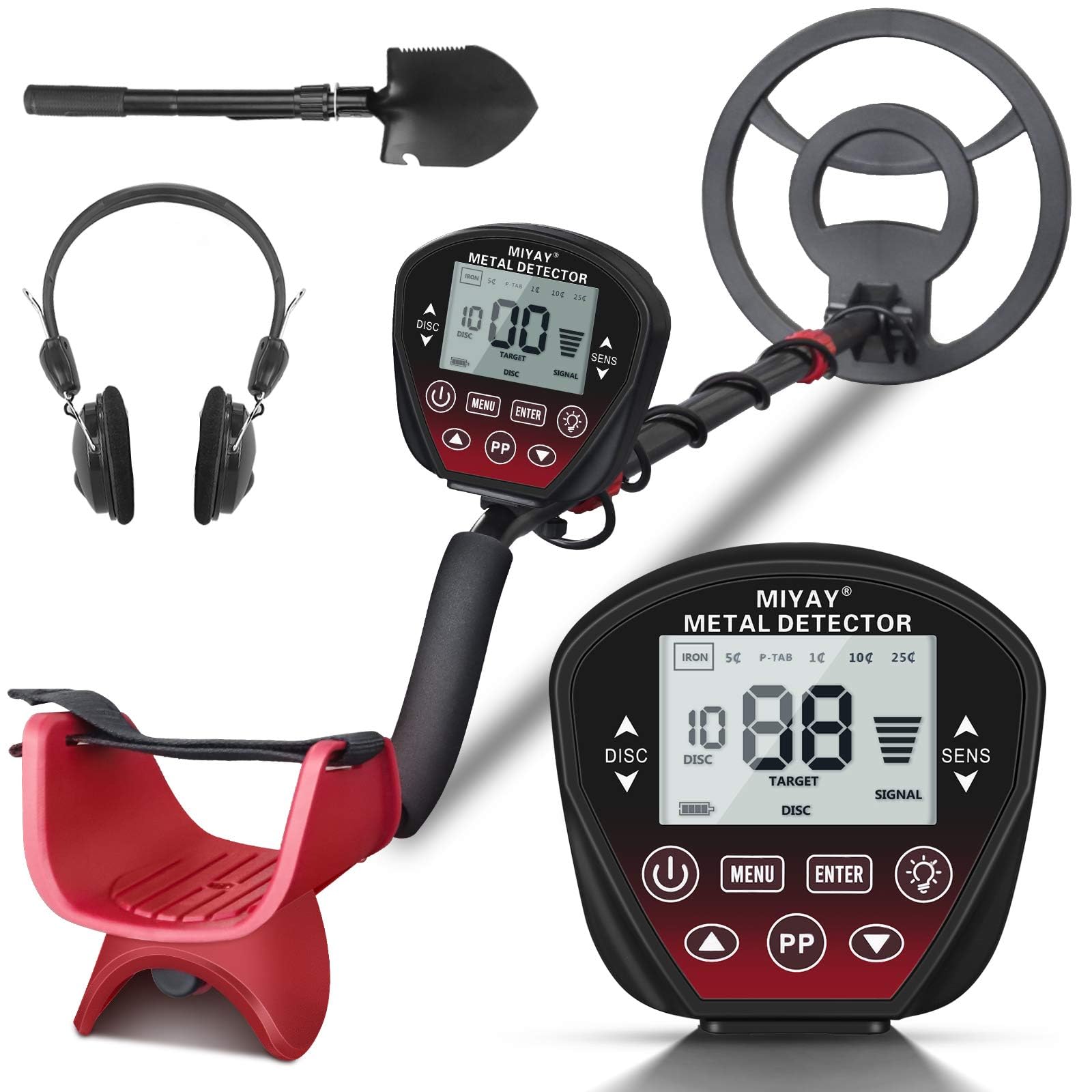 Metal Detector Professionali, Metaldetector Portatile per Adulti, Bobina di Ricerca Impermeabile da 10", Display LCD, 5 modalità (Rosso)