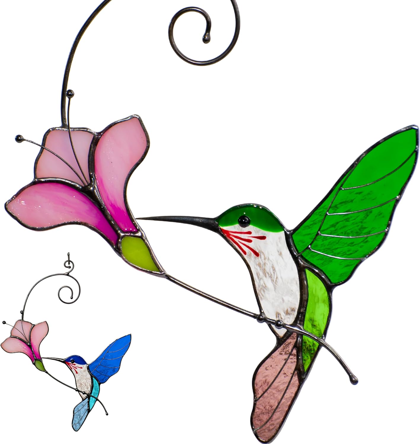 Multicolor Hummingbird Handmade Stained Glass Suncatcher Genuine Stained Glass Window Hangings Unique Indoor Ornament & Outdoor Decor (Green Hummingbird)