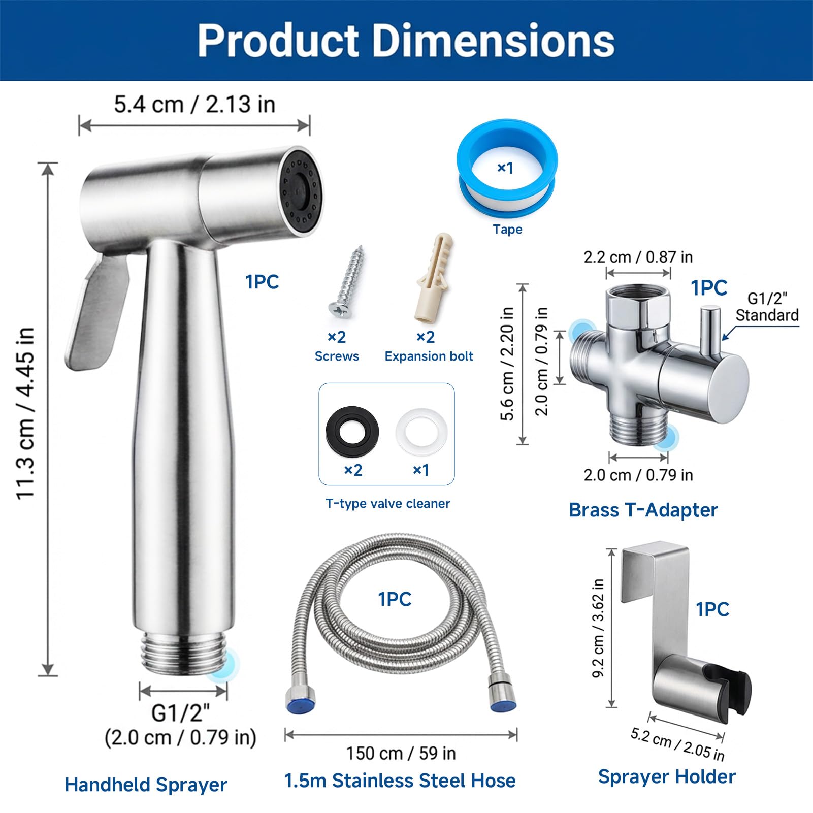 Kit De Pulverizador De Bidé De Mano De Acero Inoxidable Ajustable Para Inodoro, Ducha Shattaf, Ducha Musulmana Con Chorro De Agua Y Manguera De 1,5 M, Adaptador En T Para Inodoro, Limpieza De BañO - 3