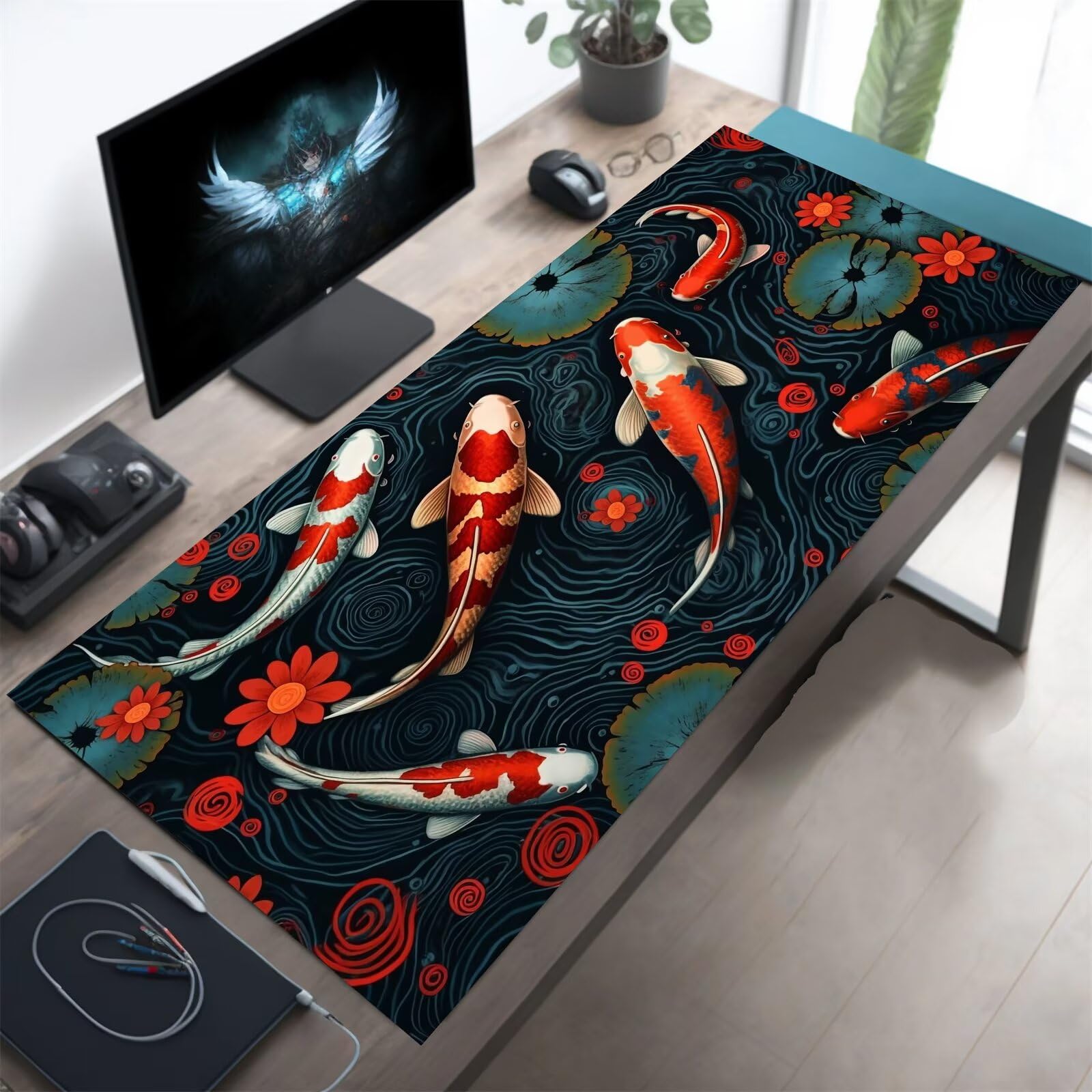 Grand Tapis de Souris de Jeu 1000 x 500 x 2mm, Tapis de Souris XXL Carpes Koï Florales, Optimisé pour Capteur, Haute Précision et Vitesse avec Bords Cousus pour Bureau et Gaming