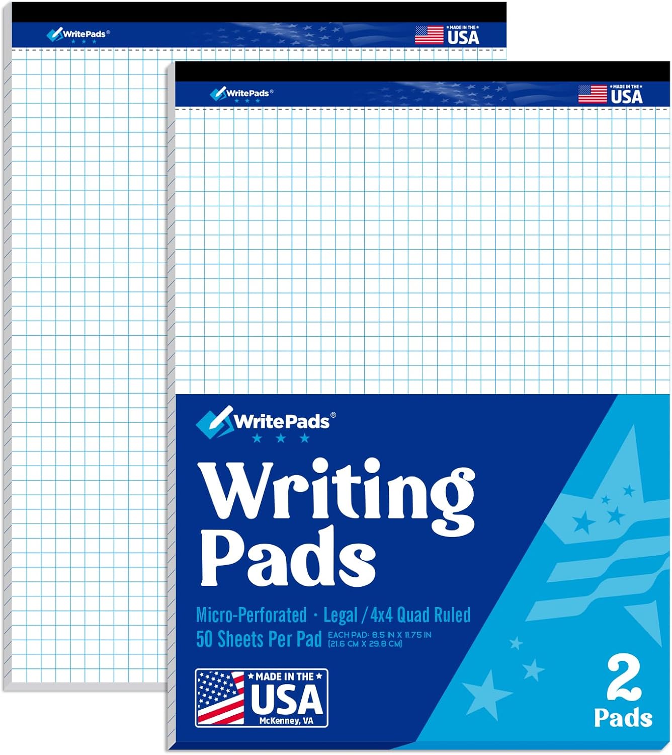 Graph Paper Pads 8.5 x 11, 4x4 Graph Ruled, 2-Pack, 50 Sheets/Pad, 60GSM White Graph Paper Notebook, Made In USA, No Ink Bleeding, Sturdy back, Micro-Perforated Graphing Paper for School Office