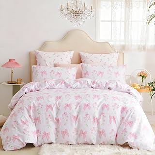 CCoutueChen Duvet Cover Full 3Pcs Pink Floral Bow Bedding Set for Girls Kids, Romantic Princess Style Bowknot Bedding, Ultra Soft Reversible Garden Flower Duvet Cover Set(2 Pillowcases,No Comforter)
