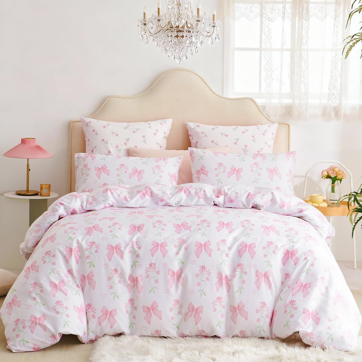 CCoutueChen Duvet Cover Full 3Pcs Pink Floral Bow Bedding Set for Girls Kids, Romantic Princess Style Bowknot Bedding, Ultra Soft Reversible Garden Flower Duvet Cover Set(2 Pillowcases,No Comforter)