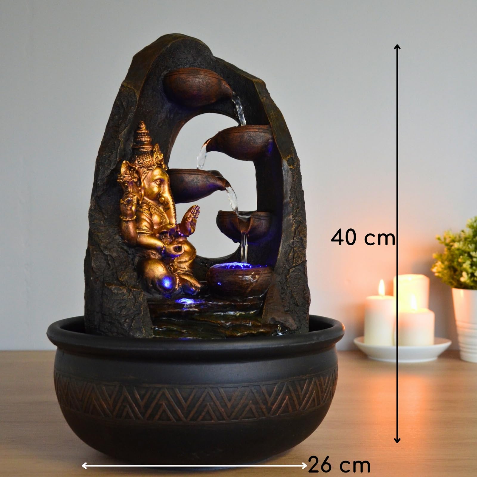Buddha Ganesh Innenbrunnen mit farbenfrohen LED -Licht - Feng Shui Zen Dekoration - Bed -Träger - H 40 cm - Mystic Zen'light