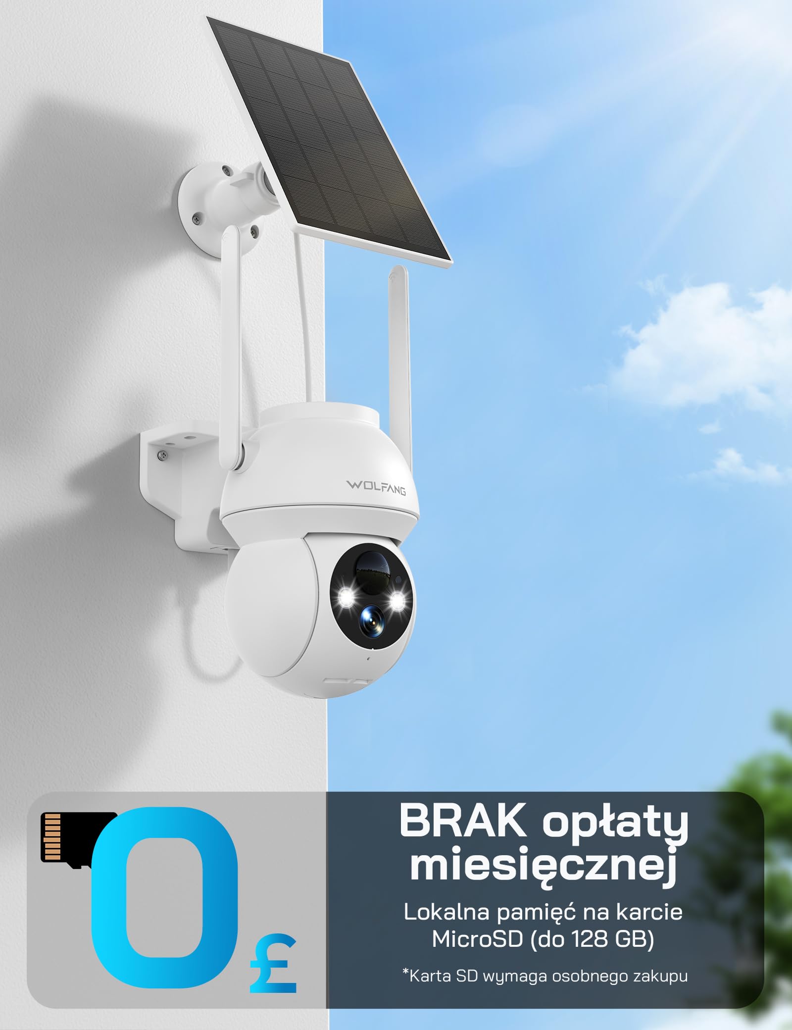 WOLFANG Solarna kamera bezpieczeństwa 1080P na zewnątrz, kamera WiFi PTZ 360° (tylko 2,4 G), wykrywanie ruchu PIR, noktowizor, dwukierunkowy dźwięk, IP65, współpracuje z Alexa i Google Home, bez