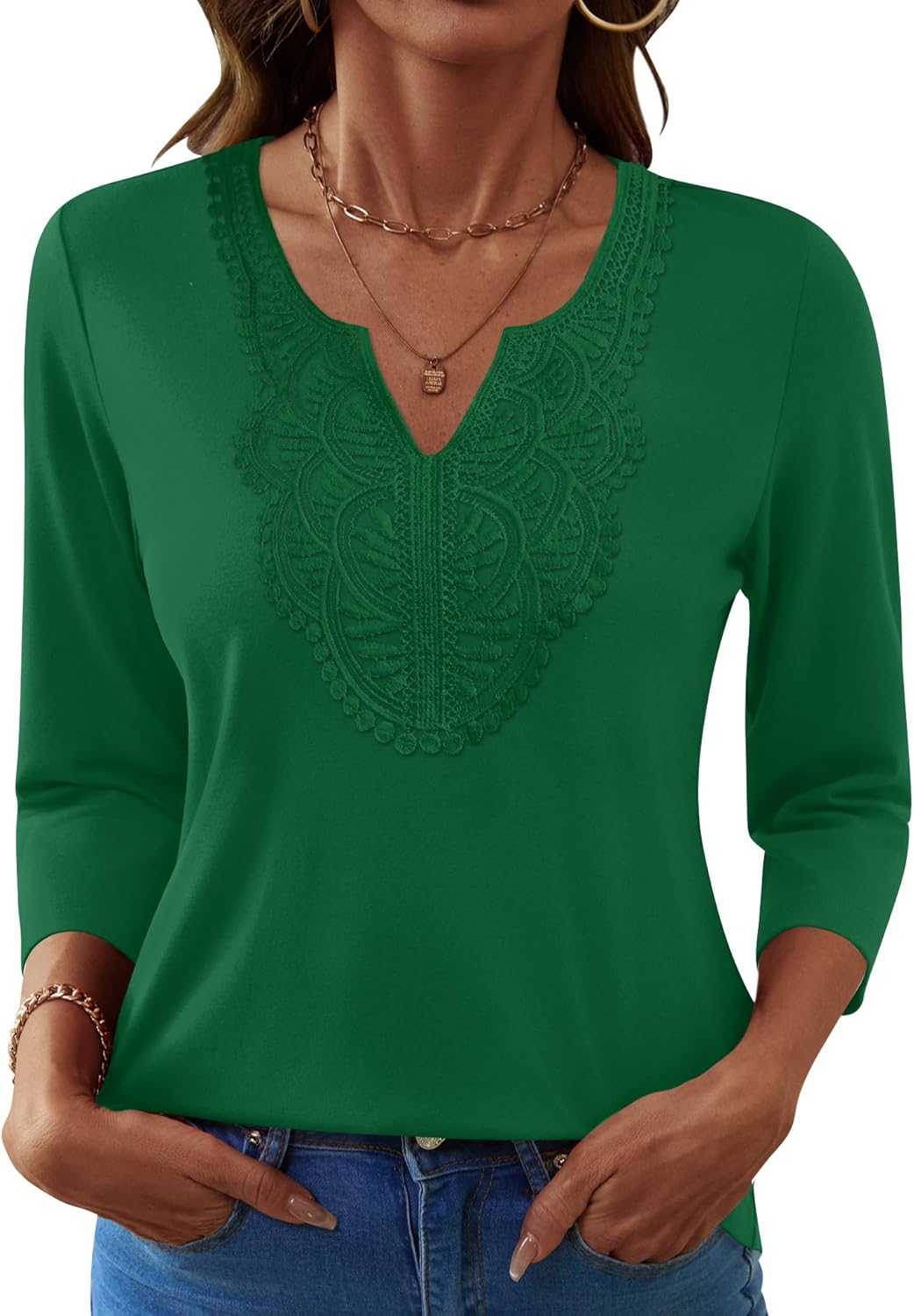Ivicoer 3/4 Length Sleeve Womens Tops Boho V Neck Lace Shirt Vacation Clothes Trendy Blouses Dressy Casual - Image 2