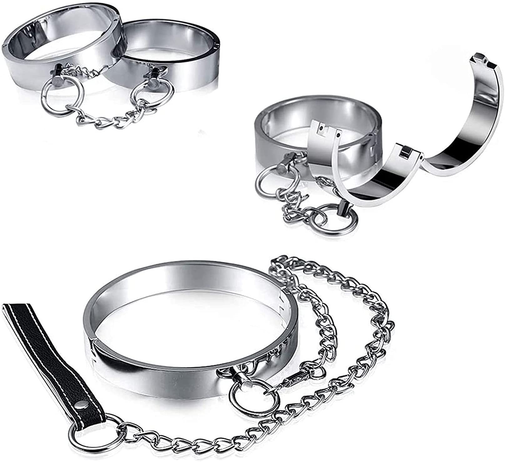 3 Pcs Set Metall Fußfesseln Handschellen Halsband - Komplettes Edelstahl Bondage Kit/Fesselset für Hals, Hände und Füße - Slave Fetish Erwachsene BDSM Sexspielzeug,Frau/3 set,Silber