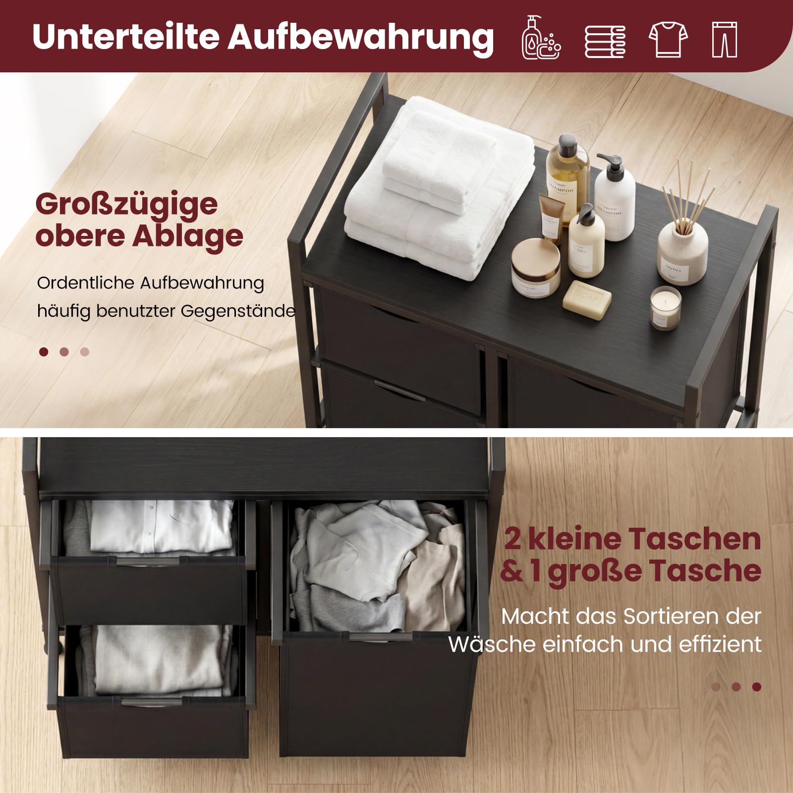 COSTWAY Wäschekorb 3 Fächer, Wäschesammler mit Ablage, 75 L Wäschesortierer mit 3 abnehmbaren Taschen & Metallrahmen, Wäschebox ausziehbar für Waschküche Badezimmer Wohnheim (3 Fächer-Schwarz)