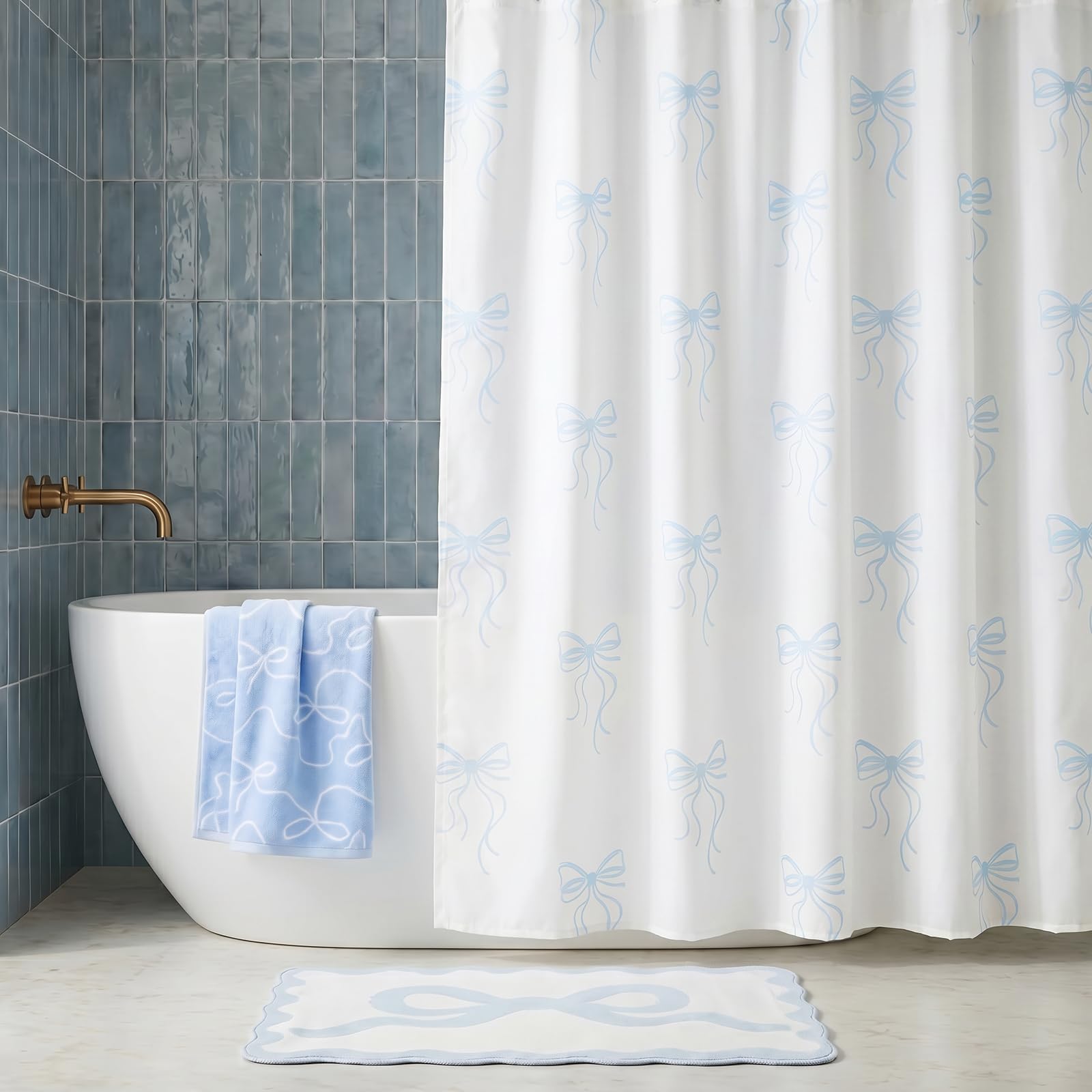 B&Q -  Bows Mould Proof Shower Curtain With 12 HooksBlue