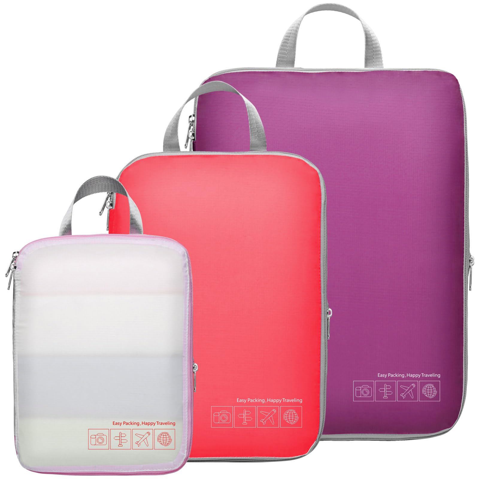 CambondCompression Packing Cubes for Travel - Cambond 3 Pack Luggage Organizers Compression Cubes for Suitcases, Multi-color, 02 Purple/Watermelon pink/White, 3 Set (1*L+1*M+1*S), Modern