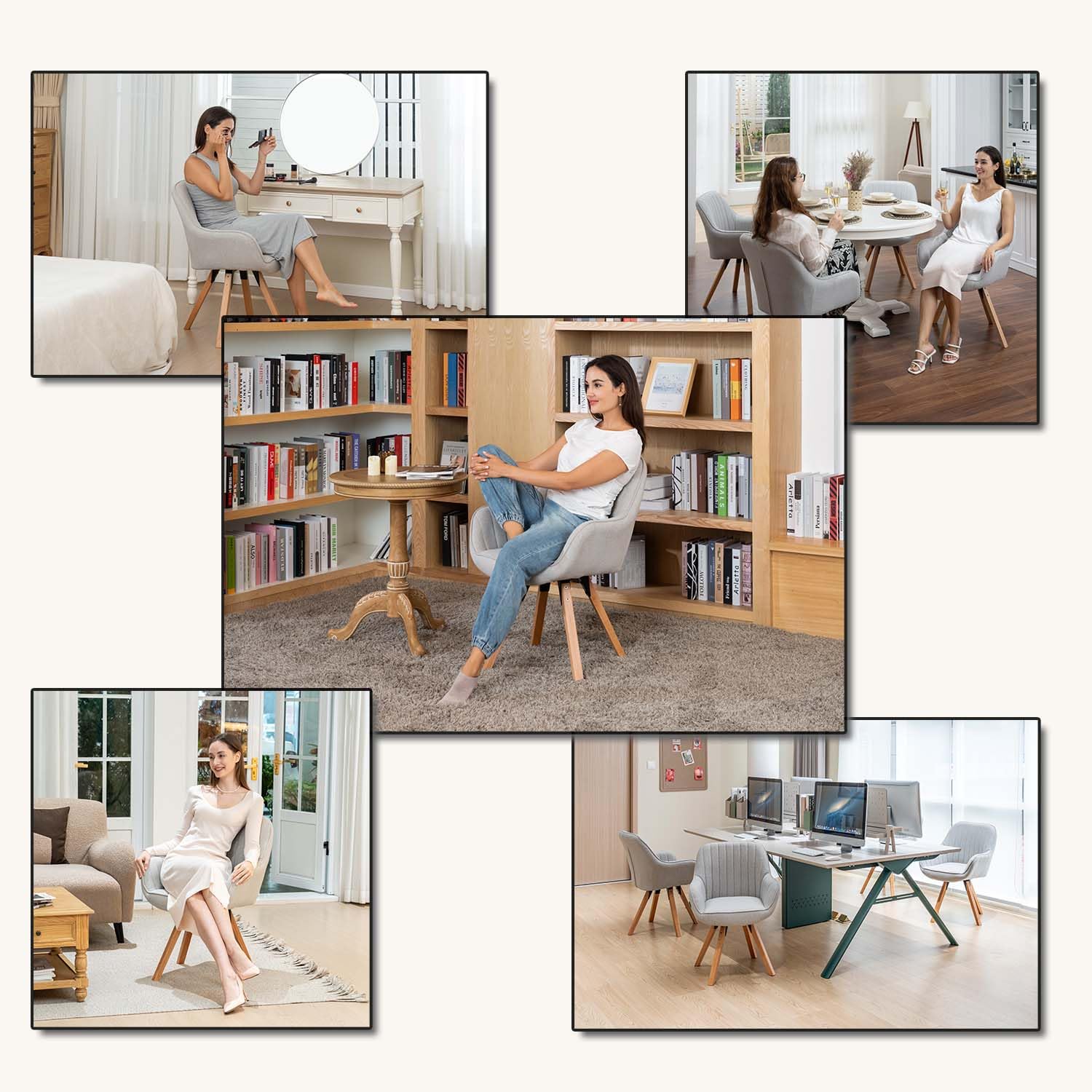 MEUBLE Cosy Silla de Comedor Giratorias 360° Sillones de Maquillaje Escritorio Patas de Madera Tapizado en Tela con Respaldo y Brazos para salón Cocina Oficina, Beige
