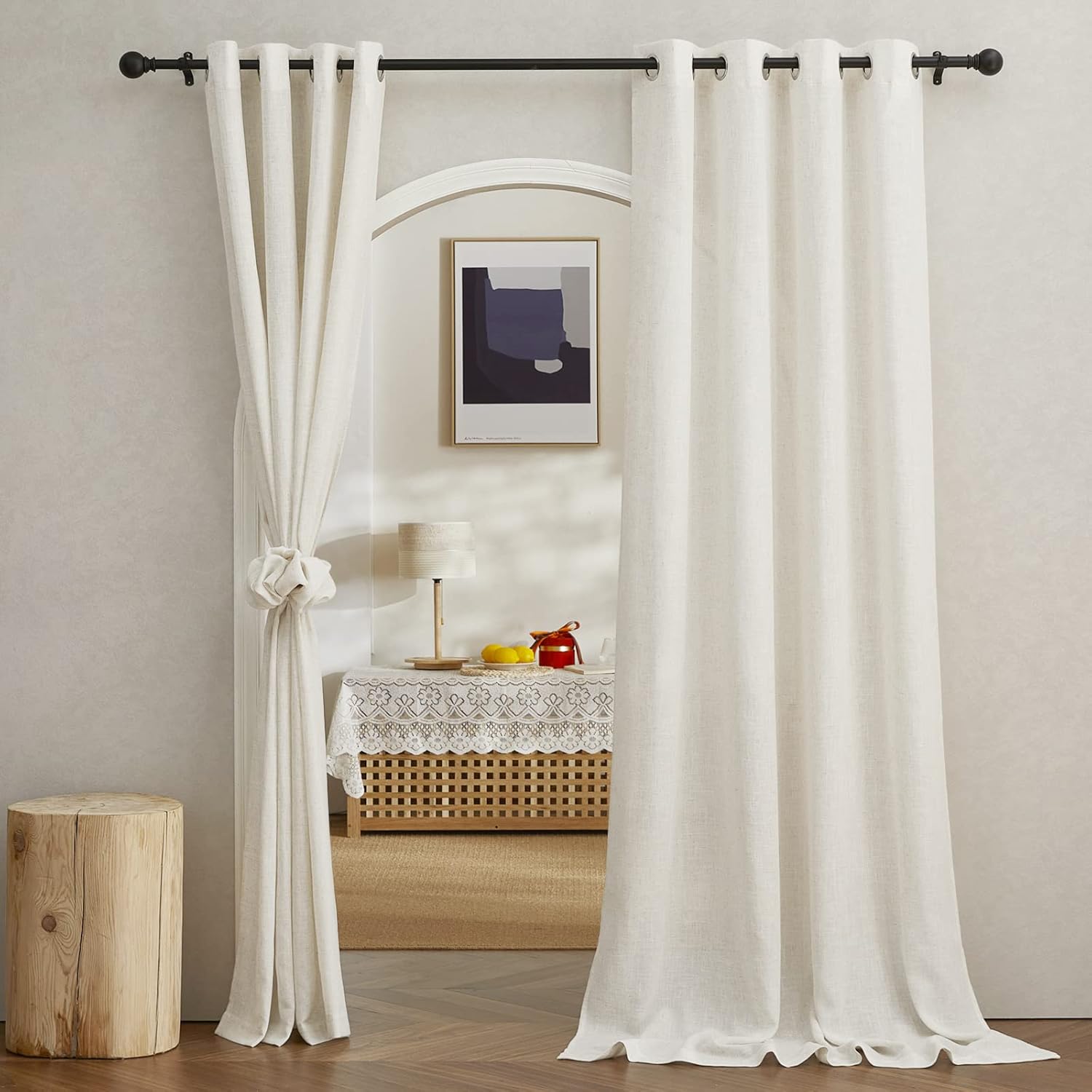 NICETOWN Semi Sheer Linen Curtains 95 inch Length 2 Panels, Grommet Open Linen Weave Vertical Curtain Drapes Privacy with Light Filtering for Bedroom/Living Room, Burlap, W52 x L95 52"W x 95"L (Pack of 2) Linen