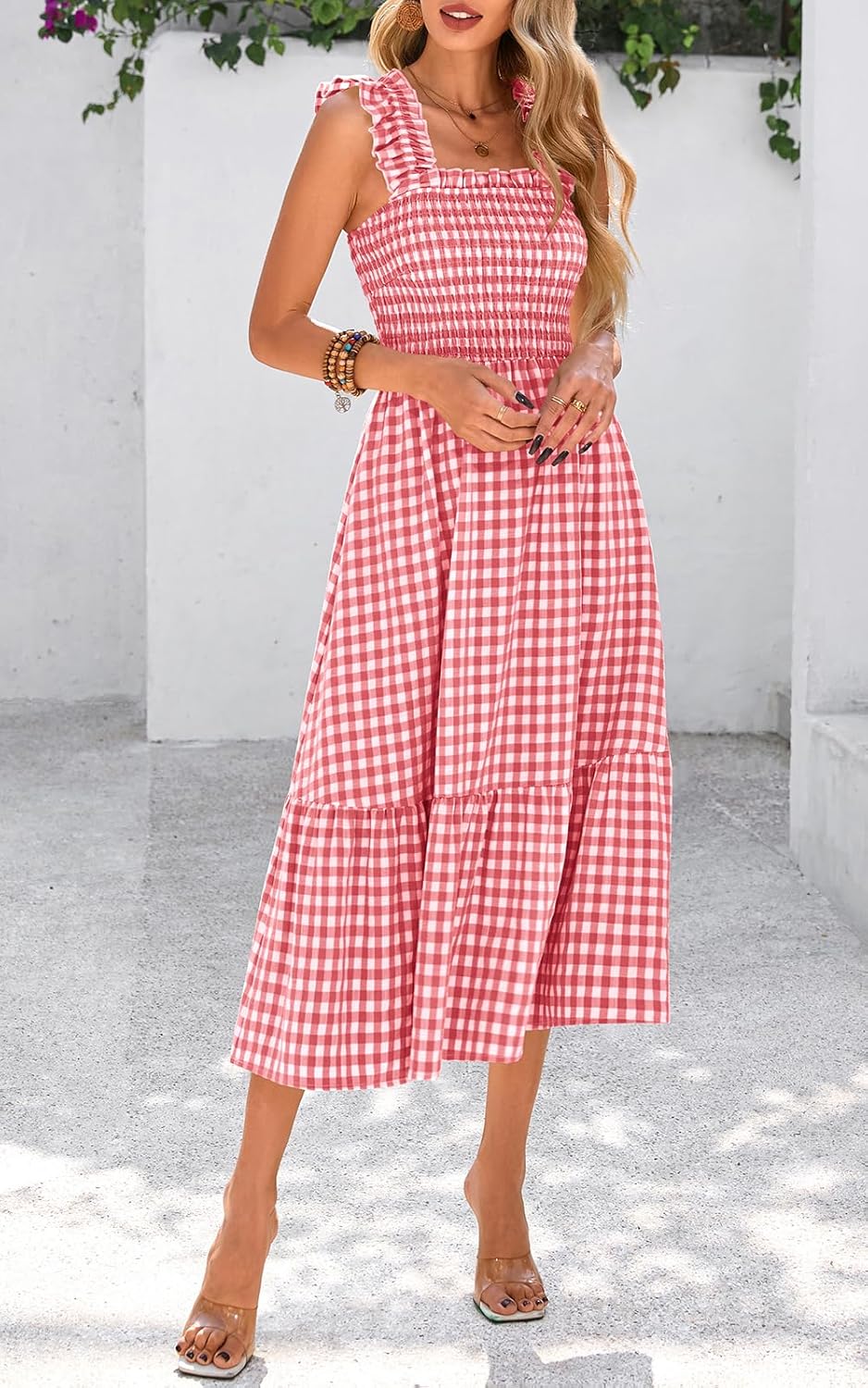 PRETTYGARDEN Womens Summer Dress Casual Square Neck Ruffle Strap Gingham Smocked Midi Flowy A Line Beach Vacation Sun Dresses - Image 8