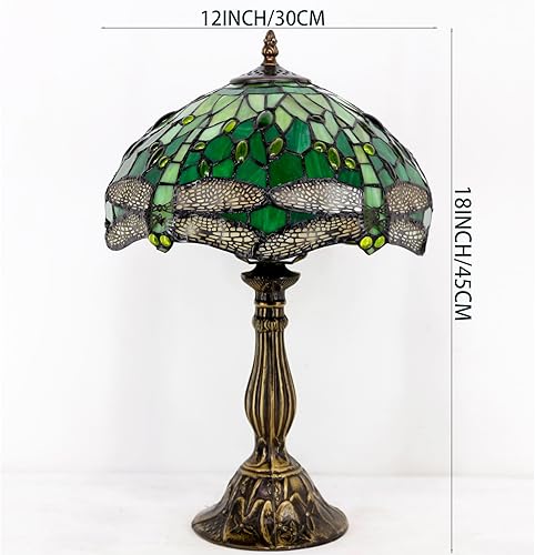 Miniatura 6 de WERFACTORY Tiffany - Lámpara de noche de cristal verde, lámpara de mesa de noche estilo libélula de escritorio, 12 x 12 x 18 pulgadas, decoración